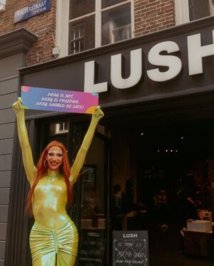 Ma'Ma Queen Instagram - Thankful for this amazing day @lush where we raised awareness that the art of drag is under attack and therefor our entire queer community. When @the.diverseagency @dragsofanarchy and @thequeeragency_ started a petition that people could sign to stand in solidarity with drag artist, @lush_nl reached out to us and together we created this beautiful day where every Lush store in the country was for one day the stage of a fabulous Drag and we asked the lush customer to sign this petition! Thank you so much for the support, on this day, in the past and in the future🩷 
Sign the petition : link in bio ! 

Pictures by @andyonderstal 
Hair by me
Outfit by me 
#dragisart #dragisfreedom #dragshouldbesafe #dragisnotacrime #swipe