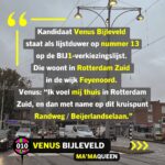 Ma'Ma Queen Instagram - ROTTERDAM REPRESENTS! Venus Bijleveld (die/diens) @iammamaqueen staat op nummer 13 op de kandidatenlijst van @politiek_bij1 voor de Tweede Kamerverkiezingen 2023. Samen met nog vijf andere kandidaten komt Venus uit…jawel..Rotterdam! 📸: @katalinn Venus is een multidisciplinaire performance artist, kunstenaar en dragmoeder. Venus woont in de wijk Feyenoord in Rotterdam Zuid. Wij vroegen Venus zichzelf daar voor te stellen bij diens favoriete plek: het kruispunt Randweg/Beijerlandselaan. Wat wil Venus bereiken voor stemmers binnen en buiten Rotterdam? En wat is diens verbinding met Zuid? Venus: “Ik voel mij thuis in Rotterdam Zuid, en dan met name op dit kruispunt Randweg / Beijerlandselaan. In mijn buurt wonen zoveel verschillende mensen met verschillende culturele achtergronden, afkomsten, leeftijden, religies, queers en trans- personen. Rotterdam Zuid is representing diversity! Er heerst een ‘we are in this together’ mentaliteit: een gelijkwaardig leven en laten leven. Als ik langs dit kruispunt loop voel ik dat echt! Iedereen is hier ‘anders’, maar ieder op een eigen intersectionele manier: wij voelen dat wij als gemarginaliseerde groepen door het huidige systeem niet worden gezien of serieus worden genomen. Dat schept wel een onuitgesproken band! Ik ontken niet dat er op Zuid ook queer- en transhaat heerst, maar ik ervaar juist dagelijks ook veel warme reacties op mijn uitgesproken queer uiterlijk.” Venus is namelijk in ‘full glam’ als Ma’MaQueen, maar ook ‘gewoon’ in broek met hoodie zichtbaar queer, trans, en nonbinair: “Juist nu is representatie hard nodig. Wij zijn er altijd geweest en wij zullen er altijd zijn. Ik hoop dat andere (jongere) queer- en transpersonen mij zien en denken: ‘Ik wil, kan én mag dat ook’. Dat zij zich gezien voelen.” Venus wilt ook een brug zijn voor de ouders, familie en vrienden, de ‘allies’, van de LHBTIQA+ gemeenschap. Ook buiten Rotterdam, in de kleine steden, in de Achterhoek: “Een stem op BIJ1 is een stem vóór jouw LHBTIQA+ dierbare! In deze keiharde rechtse wereld hebben zij jullie stem nodig in hun strijd naar veiligheid!” Caption & ID verder in de comments: