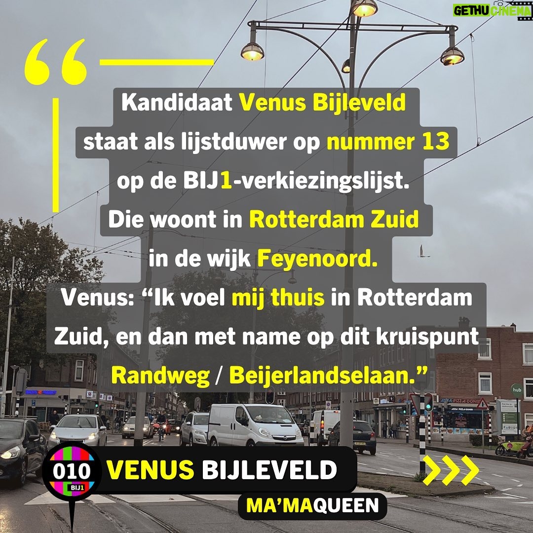Ma'Ma Queen Instagram - ROTTERDAM REPRESENTS! Venus Bijleveld (die/diens) @iammamaqueen staat op nummer 13 op de kandidatenlijst van @politiek_bij1 voor de Tweede Kamerverkiezingen 2023. Samen met nog vijf andere kandidaten komt Venus uit…jawel..Rotterdam! 📸: @katalinn Venus is een multidisciplinaire performance artist, kunstenaar en dragmoeder. Venus woont in de wijk Feyenoord in Rotterdam Zuid. Wij vroegen Venus zichzelf daar voor te stellen bij diens favoriete plek: het kruispunt Randweg/Beijerlandselaan. Wat wil Venus bereiken voor stemmers binnen en buiten Rotterdam? En wat is diens verbinding met Zuid? Venus: “Ik voel mij thuis in Rotterdam Zuid, en dan met name op dit kruispunt Randweg / Beijerlandselaan. In mijn buurt wonen zoveel verschillende mensen met verschillende culturele achtergronden, afkomsten, leeftijden, religies, queers en trans- personen. Rotterdam Zuid is representing diversity! Er heerst een ‘we are in this together’ mentaliteit: een gelijkwaardig leven en laten leven. Als ik langs dit kruispunt loop voel ik dat echt! Iedereen is hier ‘anders’, maar ieder op een eigen intersectionele manier: wij voelen dat wij als gemarginaliseerde groepen door het huidige systeem niet worden gezien of serieus worden genomen. Dat schept wel een onuitgesproken band! Ik ontken niet dat er op Zuid ook queer- en transhaat heerst, maar ik ervaar juist dagelijks ook veel warme reacties op mijn uitgesproken queer uiterlijk.” Venus is namelijk in ‘full glam’ als Ma’MaQueen, maar ook ‘gewoon’ in broek met hoodie zichtbaar queer, trans, en nonbinair: “Juist nu is representatie hard nodig. Wij zijn er altijd geweest en wij zullen er altijd zijn. Ik hoop dat andere (jongere) queer- en transpersonen mij zien en denken: ‘Ik wil, kan én mag dat ook’. Dat zij zich gezien voelen.” Venus wilt ook een brug zijn voor de ouders, familie en vrienden, de ‘allies’, van de LHBTIQA+ gemeenschap. Ook buiten Rotterdam, in de kleine steden, in de Achterhoek: “Een stem op BIJ1 is een stem vóór jouw LHBTIQA+ dierbare! In deze keiharde rechtse wereld hebben zij jullie stem nodig in hun strijd naar veiligheid!” Caption & ID verder in de comments: