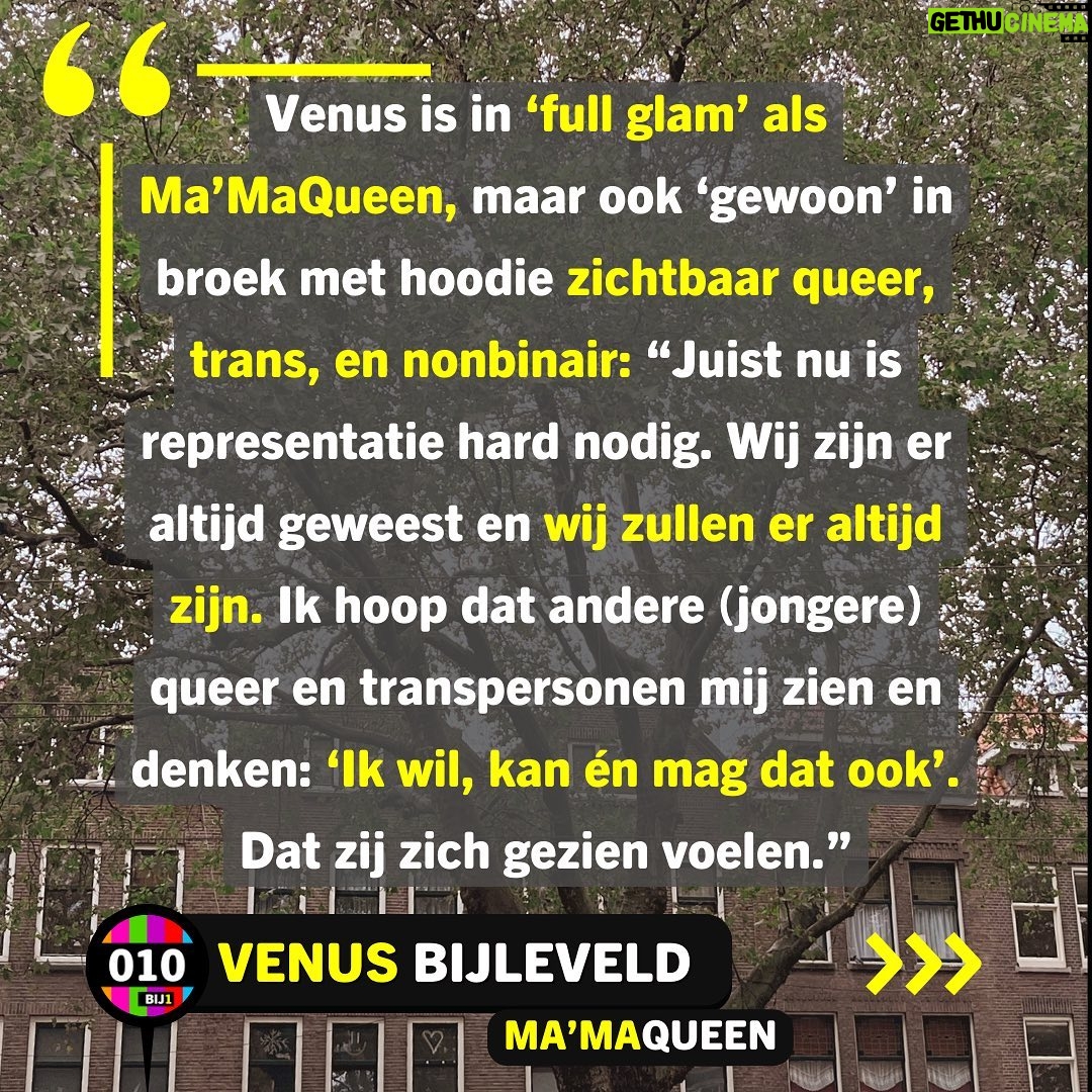 Ma'Ma Queen Instagram - ROTTERDAM REPRESENTS! Venus Bijleveld (die/diens) @iammamaqueen staat op nummer 13 op de kandidatenlijst van @politiek_bij1 voor de Tweede Kamerverkiezingen 2023. Samen met nog vijf andere kandidaten komt Venus uit…jawel..Rotterdam! 📸: @katalinn Venus is een multidisciplinaire performance artist, kunstenaar en dragmoeder. Venus woont in de wijk Feyenoord in Rotterdam Zuid. Wij vroegen Venus zichzelf daar voor te stellen bij diens favoriete plek: het kruispunt Randweg/Beijerlandselaan. Wat wil Venus bereiken voor stemmers binnen en buiten Rotterdam? En wat is diens verbinding met Zuid? Venus: “Ik voel mij thuis in Rotterdam Zuid, en dan met name op dit kruispunt Randweg / Beijerlandselaan. In mijn buurt wonen zoveel verschillende mensen met verschillende culturele achtergronden, afkomsten, leeftijden, religies, queers en trans- personen. Rotterdam Zuid is representing diversity! Er heerst een ‘we are in this together’ mentaliteit: een gelijkwaardig leven en laten leven. Als ik langs dit kruispunt loop voel ik dat echt! Iedereen is hier ‘anders’, maar ieder op een eigen intersectionele manier: wij voelen dat wij als gemarginaliseerde groepen door het huidige systeem niet worden gezien of serieus worden genomen. Dat schept wel een onuitgesproken band! Ik ontken niet dat er op Zuid ook queer- en transhaat heerst, maar ik ervaar juist dagelijks ook veel warme reacties op mijn uitgesproken queer uiterlijk.” Venus is namelijk in ‘full glam’ als Ma’MaQueen, maar ook ‘gewoon’ in broek met hoodie zichtbaar queer, trans, en nonbinair: “Juist nu is representatie hard nodig. Wij zijn er altijd geweest en wij zullen er altijd zijn. Ik hoop dat andere (jongere) queer- en transpersonen mij zien en denken: ‘Ik wil, kan én mag dat ook’. Dat zij zich gezien voelen.” Venus wilt ook een brug zijn voor de ouders, familie en vrienden, de ‘allies’, van de LHBTIQA+ gemeenschap. Ook buiten Rotterdam, in de kleine steden, in de Achterhoek: “Een stem op BIJ1 is een stem vóór jouw LHBTIQA+ dierbare! In deze keiharde rechtse wereld hebben zij jullie stem nodig in hun strijd naar veiligheid!” Caption & ID verder in de comments: