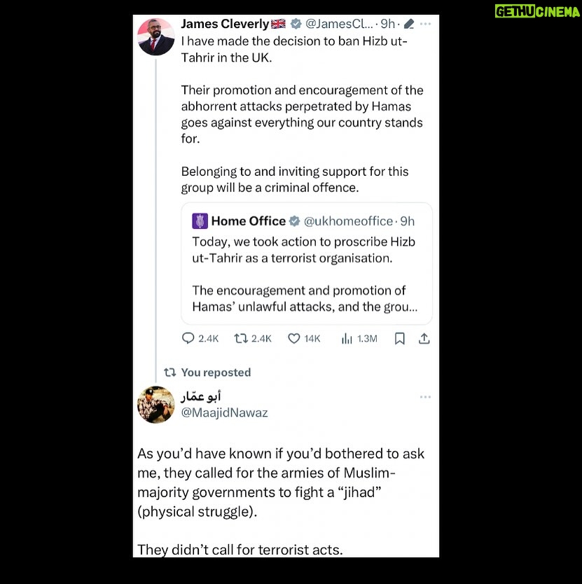 Maajid Nawaz Instagram - GIMMICKY GESTURE POLITICS by IGNORANT COWARDS: As everyone in the counter-terrorism field knows, this UK government initiative is inaccurate, counter-productive & politically driven. Hizb ut-Tahrir (HT) is a revolutionary Islamist, NOT jihadist-terrorist organisation. Mixing classifications in this way only serves to undermine legitimate work. HT called for the armies of Muslim-majority governments to fight a “jihad” (physical struggle). They didn’t call for terrorist acts. If it’s terrorism to call for the armies of Muslim-majority governments to defend Gaza and fight Israel, then it is terrorism for our own armed forces to bomb Yemen for Israel. The red line must be at calling for *direct action violence*, NOT campaigning for states to take action (which can also be right & wrong). Banning the latter as terrorism is absolutely absurd. The UK government is COMPLETELY LOSING its way on counter-terror policy, to placate Netanyahu-wing Zionists. It’s a total FARCE.