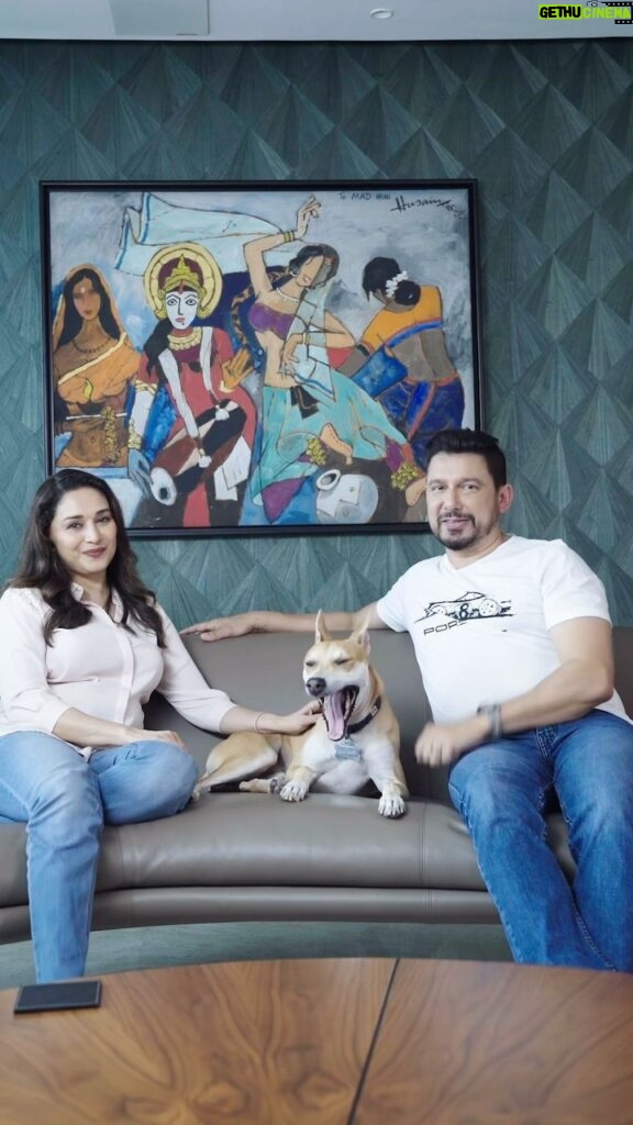 Madhuri Dixit Instagram - We chose to adopt, not shop, and ended up with the ultimate good boy! Hear the story of Carmello in our new video, out now on YouTube. Watch the full video. Link in bio🔗 #DrNene #Carmello #indiedog #adoptdontshop #healthtipsofdog #instagram