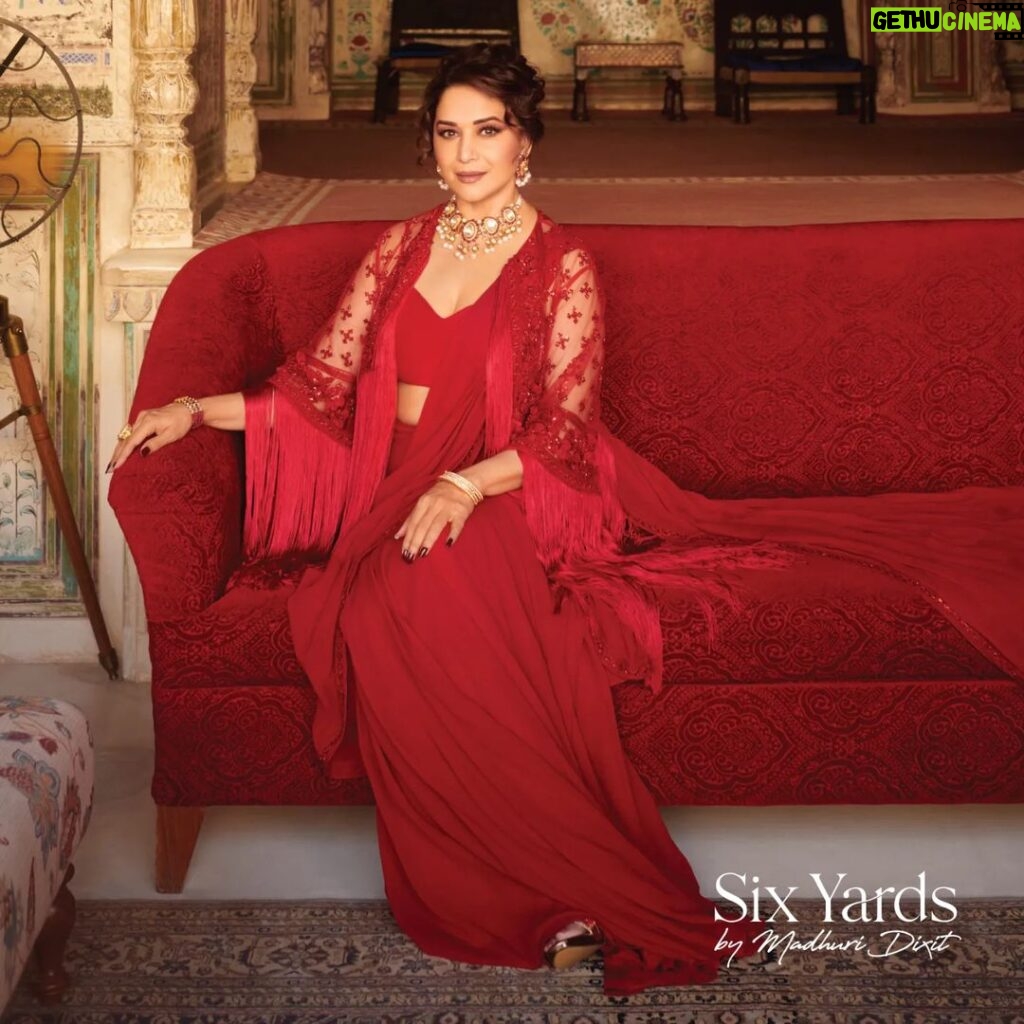 Madhuri Dixit Instagram - A celebration of the Bollywood megastar's enduring love for sarees, Six Yards by Madhuri puts heritage design and craftsmanship at the forefront. Seen here in an embroidered Jacket Saree by Ridhi Mehra, the evergreen icon demonstrates why red will always be a royal shade. Explore and shop the exclusive curation of spectacularly-crafted Sarees from leading Indian labels at www.perniaspopupshop.com/six-yards-by-madhuri-dixit . MADHURI DIXIT @madhuridixitnene Rules the world for First Look @firstlook.magazine by Purple Style Labs, from the house of Pernia’s Pop-Up Shop @perniaspopupshop Photographer: Vaishnav Praveen @vaishnavpraveen Creative Director and Stylist: Nupur Mehta Puri @nupurmehta18 @n2root Assistant Stylists: Sanskriti Sharma @sanssgram , Neha Maggo @nehamaggo & Tanya Virdi @tanyavirdi Makeup Artist: Billy Manik @billymanik81 Hair Stylist: Sheetal Khan @sheetal_f_khan Production: Niharika Singh @studiolittledumpling Location: Samode Hotels India @samode_hotels Team Pernia's Pop-Up Shop: Priya Majmudar @priyamajmudar , Revati Palshethkar @revatipalshetkar & Karan Singhania @karansinghania1411 Saree: Ridhi Mehra (@ridhimehraofficial ) Jewellery: Aaloki by CH Jewellers (@aaloki.ch ) . #perniaspopupshop #perniaspopupshopxridhimehra #ridhimehra #sixyardsbymadhuridixit #madhuridixit #madhuridixitnene #ppuslove