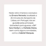 Mafalda Matos Instagram - BIOHACKING Reset Retreat 26 - 28 Maio Portugal @enxara.retreats Após o grande sucesso do 1° retiro @prannaceia em Portugal, em Setembro de 2022, vamos inovar esta maravilhosa experiência voltando com muitas novidades 🤗 Vamos partilhar contigo um pouco da épica história da criação deste retiro... Há umas semanas atrás eu (Sara) contactei a @enxara.retreats para reservar uma data e quem me atendeu foi a @mafaldamatos gestora do centro. Seria uma chamada breve sobre a logística do espaço e dúvidas pontuais contudo acabou sendo uma 1h30 de conversa transformadora. Apercebemo-nos que temos muitos gostos em comum e foi sincronia atrás de sincronia, como por exemplo o nosso aniversário ser no mesmo dia (15 de Abril) 🤗 Temos tantas coisas em comum como coisas que nos complementam, por isso e por muito mais, decidimos realizar este retiro juntas 👯‍♀️ Entretanto a Mafalda veio a Angola visitar-me e estamos neste momento juntas a iniciar o retiro Detox & Discovery em São Tomé e Príncipe🌴 Tem sido uma troca muito bonita de conhecimento e agora estamos ambas muito empolgadas em partilhar esta boa energia contigo 😃 Convictas do caminho do meio, aquele que junta a sabedoria ancestral com a ciência, vamos partilhar neste retiro de 3 dias, técnicas e conhecimento para um RESET total à forma como vês a vida. Da alimentação aos valores de conduta, como a disciplina e a coragem, o BIOHACKING Reset Retreat é o berço de uma nova versão de ti! Se te identificas com: ✅ Hipertensão /Hipotensão ✅ Excesso de gordura corporal ✅ Depressão e ansiedade ✅ Problemas de humor ao acordar ✅ Instabilidade emocional ✅ Falta de memória, foco e/ou energia ✅ Problemas para dormir ✅ Vícios (doces, pão, álcool, relações tóxicas etc.) ✅ Diarreia ou prisão de ventre ✅ Fome constante ✅ Doenças crónicas, cardíacas, autoimunes e genéticas ✅ Resistência à insulina ✅ Falta de Libido Sexual ✅ Ex Vegan/ Ex Vegetariano ✅ Fortalecer a imunidade e a longevidade Vem viver essa experiência connosco! Para mais informações sobre o programa, valores e alojamento: www.prannaceia.com/portugal +244 932 134 03 +351 91 205 5 205 Um mundo melhor é possível💜 Enxara.retreats