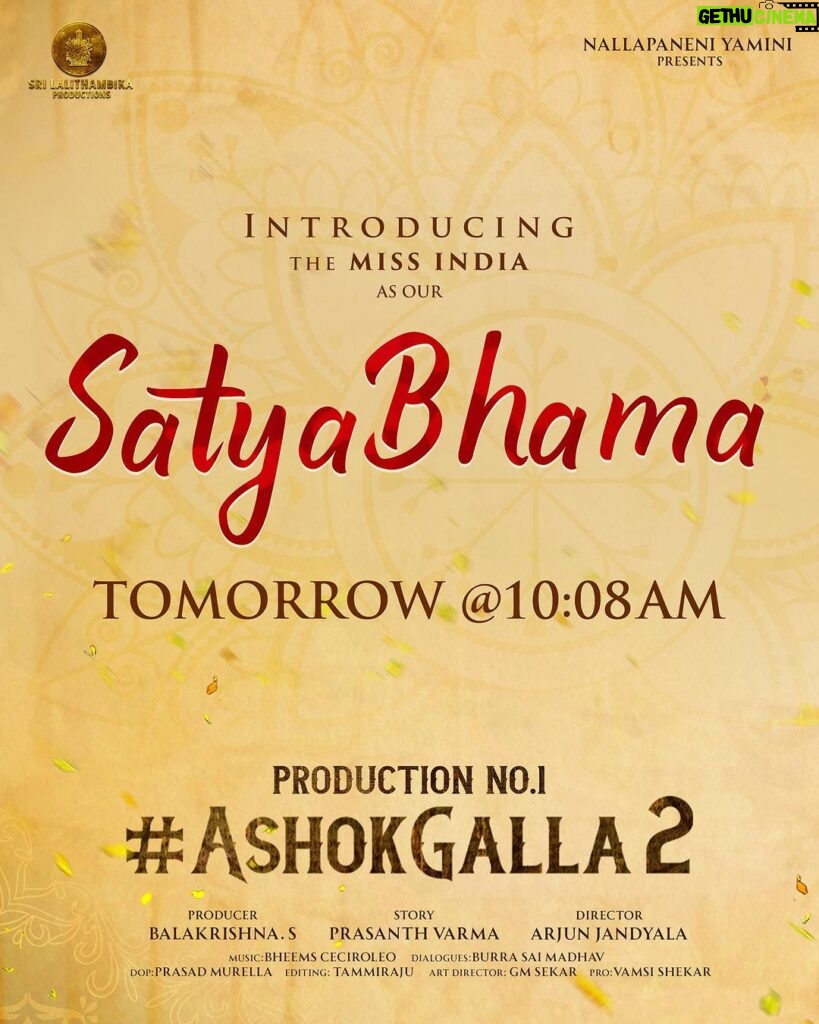 Manasa Varanasi Instagram - A mere sight of his love❤️ Introducing The Miss India as our 'SATYABHAMA' from #AshokGalla2 Tomorrow at 10.08 AM 😍 Stay Tuned 💫 @AshokGalla_ @ArjunJandyala @PrasanthVarma @balasomineni #BheemsCeciroleo #PrasadMurella @saimadhav_burra @lalithambikaoff @timestalent @push_bhaskar