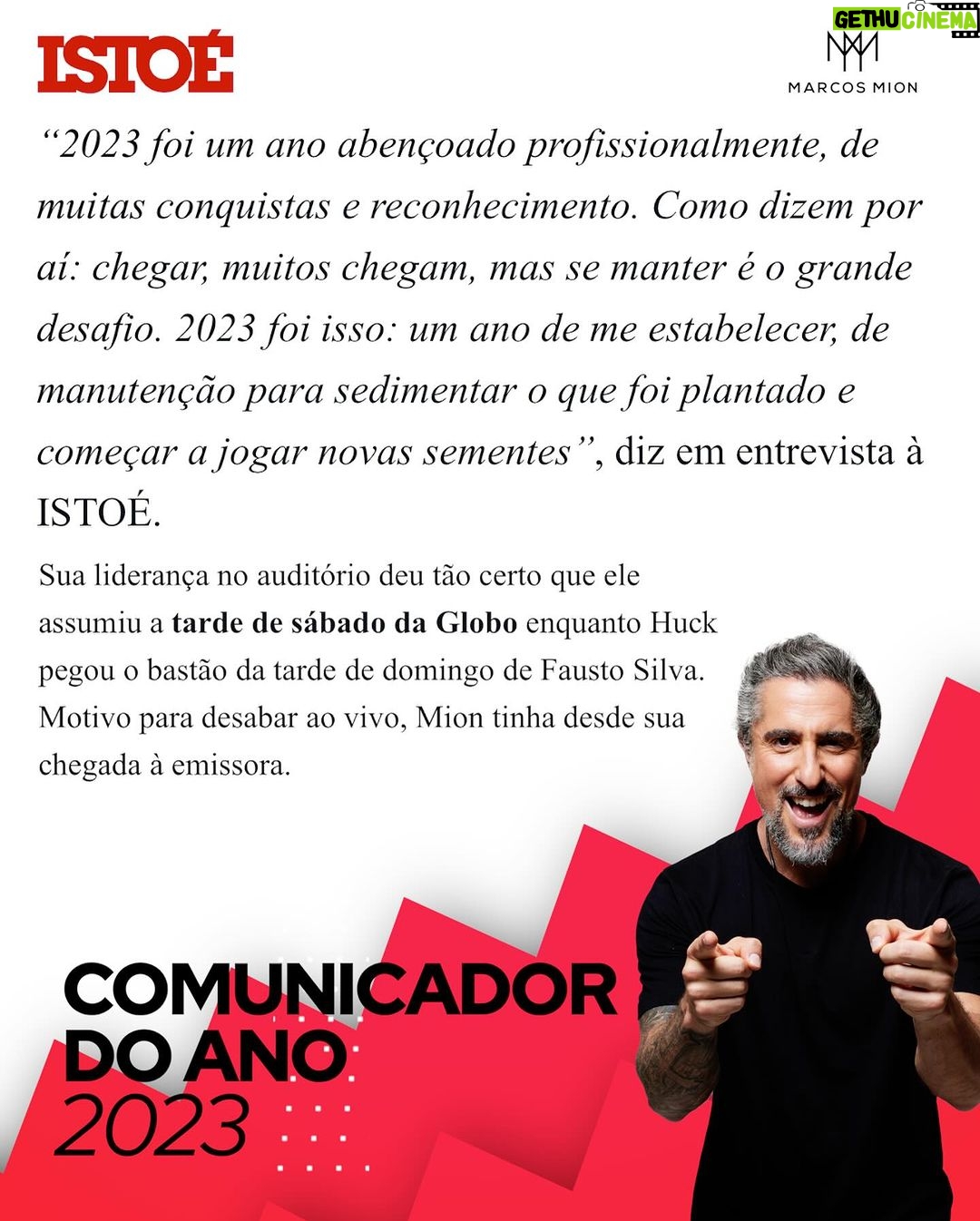 Marcos Mion Instagram - Comunicador do ano é uma outra história! 🤯🤯 Uma evolução!! Não reconhece apenas o profissional, mas o ser humano. Que Deus continue fazendo de mim um instrumento do seu amor através do dom que Ele me deu, o da #comunicação. Porque o propósito é esse: dentro de todas as falhas humanas, buscar evoluir, buscar ser melhor para todos ao meu redor e todos que dividem comigo tanto carinho e amor. Afinal o amor que vc leva é igual ao amor que vc planta! Obrigado @revistaistoe e que a gente tenha força pra keep going no movimento e na luta pela positividade! 🙏🏼🙏🏼