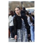 Margo Hayes Instagram – J’ADIOR 🖤 I’m honored to have attended the #DiorAW23 show by @mariagraziachiuri . The atmosphere was surreal and the designs were impeccable. I loved this look, as the dress’ fabric was a map of Paris, the most beautiful city in the world. 🌹
Merci à l’équipe glam @simon_chossier @makeuptania 
.
Photo 1: @dior 2,5: @marilyne.dds  3,4: unknown