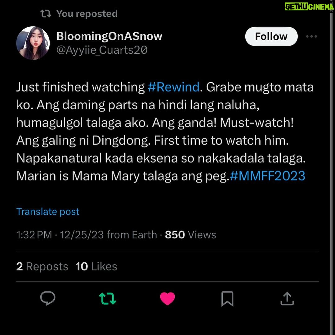 Marian Rivera Instagram - Marami na ang nakaranas ng #TheRewindEffect! π₯πβͺ Sugod na sa pinakamalapit na sinehan sa inyo at yayain ang greatest love na mag-REWIND ngayong Pasko sa #MMFF2023! #RewindMMFF NOW SHOWING IN CINEMAS NATIONWIDE! ππ #RewindNowShowing
