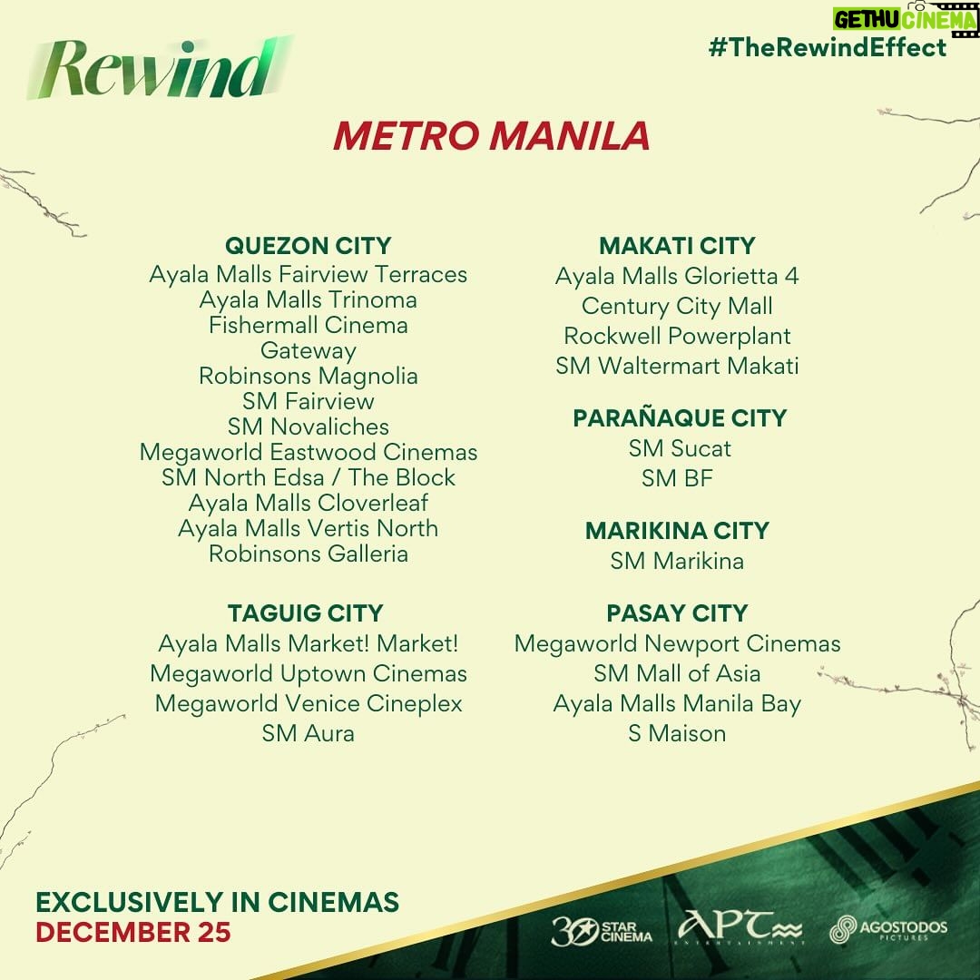 Marian Rivera Instagram - CHOOSE YOUR FAVORITE CINEMA OR THE ONE NEAREST YOU FOR THE REWIND EXPERIENCE! βͺ YAYAIN NA ANG GREATEST LOVE MO! π Caution: Bring bimpo, wag na mag make up, ihanda ang puso, sulit ito! π€§ #RewindMMFF na bukas in cinemas NATIONWIDE! #MMFF2023