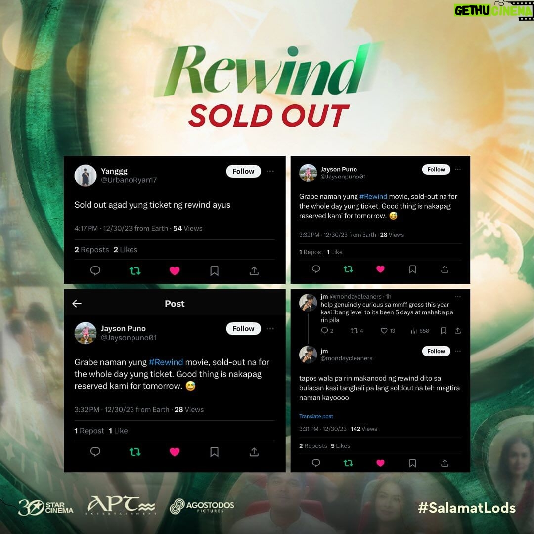 Marian Rivera Instagram - SIKSIK ANG #REWINDMMFF DAY 6! PURO SOLD OUT! #SalamatLods! βπΌππ₯ Thank you taking your greatest loves to watch REWIND this holiday weekend! Humabol nang mag-REWIND bago matapos ang taon! βͺπ #RewindNowShowing in CINEMAS NATIONWIDE!