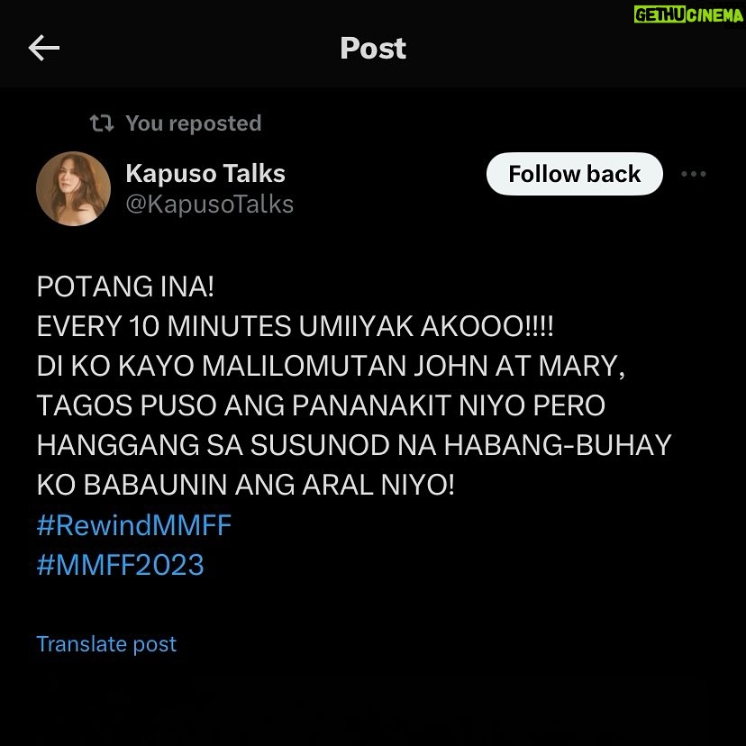 Marian Rivera Instagram - SOMETIMES, ALL WE NEED IS A GOOD CRY! #TheRewindEffect 😭🫂 Be grateful sa bawat chance na kasama ang greatest love. Kaya sulitin ang moments with them ngayong holiday season. Sama-samang mag-REWIND sa sinehan today! 💚⏪ #RewindNowShowing in cinemas nationwide! #RewindMMFF #MMFF2023