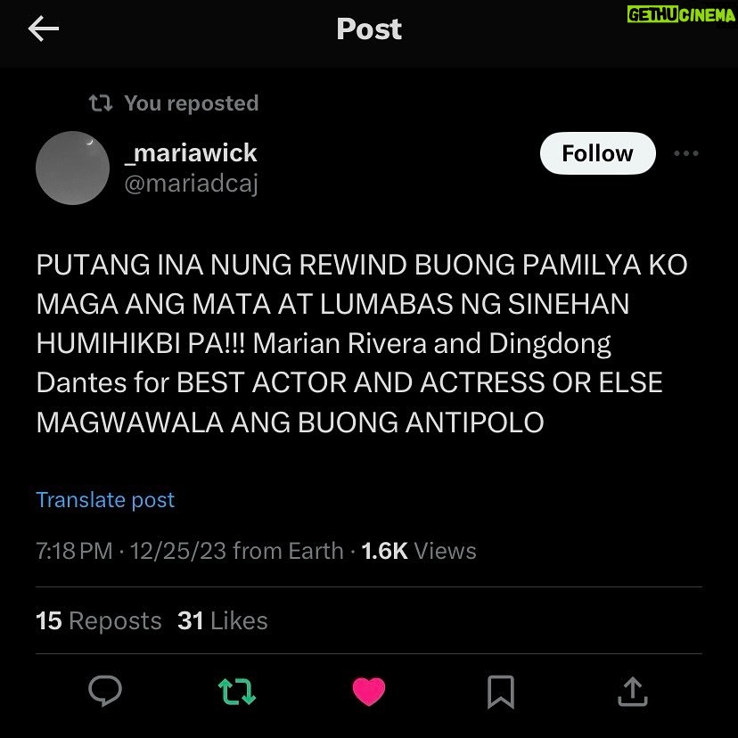 Marian Rivera Instagram - DONGYAN SUPREMACY! ššš¼ Sulit ang pananabik sa kanilang pagbabalik! Maraming salamat sa mas mainit na pagtangkilik ng #RewindMMFF ngayong DAY 2! Lods namin kayo! Sugod na sa mga sinehan habang may chance ka pang mag-REWIND with your greatest love ngayong holiday season! āŖš #RewindNowShowing in cinemas nationwide! #MMFF2023