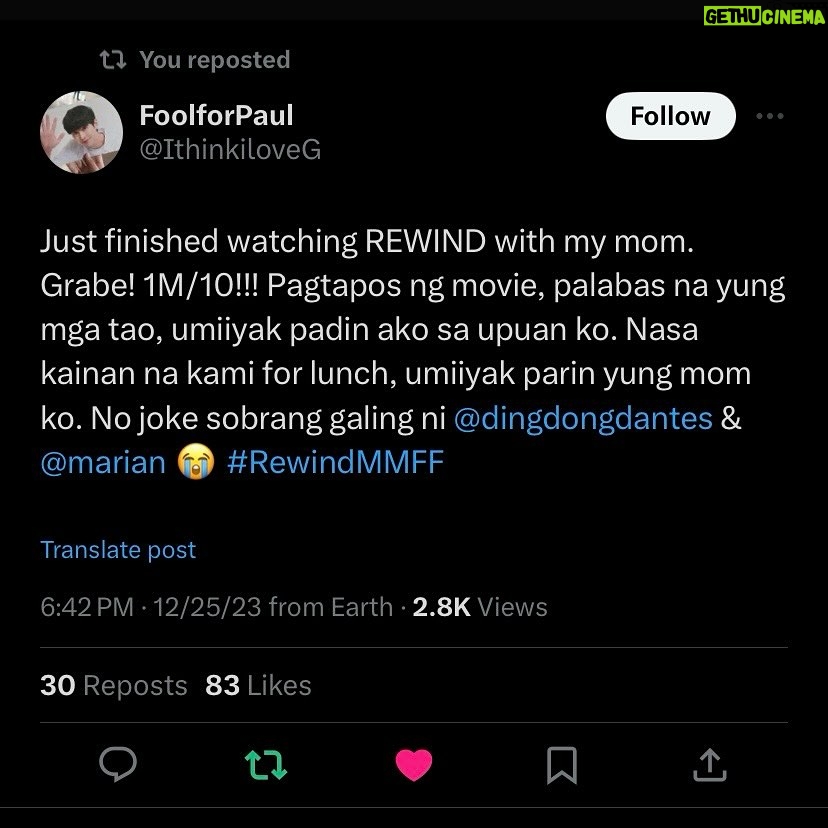 Marian Rivera Instagram - DONGYAN SUPREMACY! ššš¼ Sulit ang pananabik sa kanilang pagbabalik! Maraming salamat sa mas mainit na pagtangkilik ng #RewindMMFF ngayong DAY 2! Lods namin kayo! Sugod na sa mga sinehan habang may chance ka pang mag-REWIND with your greatest love ngayong holiday season! āŖš #RewindNowShowing in cinemas nationwide! #MMFF2023