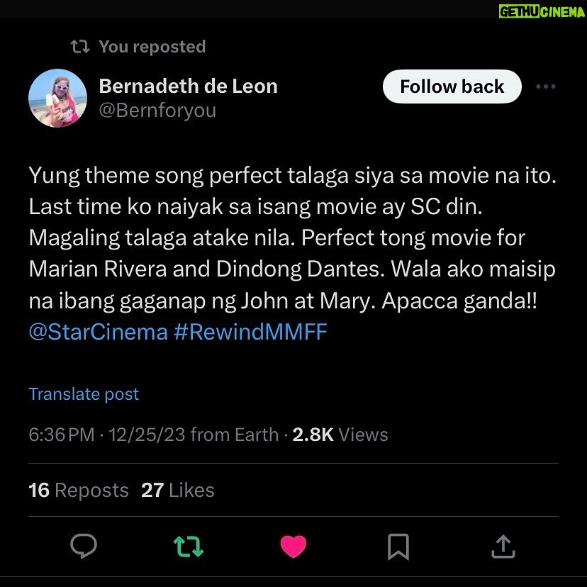 Marian Rivera Instagram - DONGYAN SUPREMACY! ššš¼ Sulit ang pananabik sa kanilang pagbabalik! Maraming salamat sa mas mainit na pagtangkilik ng #RewindMMFF ngayong DAY 2! Lods namin kayo! Sugod na sa mga sinehan habang may chance ka pang mag-REWIND with your greatest love ngayong holiday season! āŖš #RewindNowShowing in cinemas nationwide! #MMFF2023