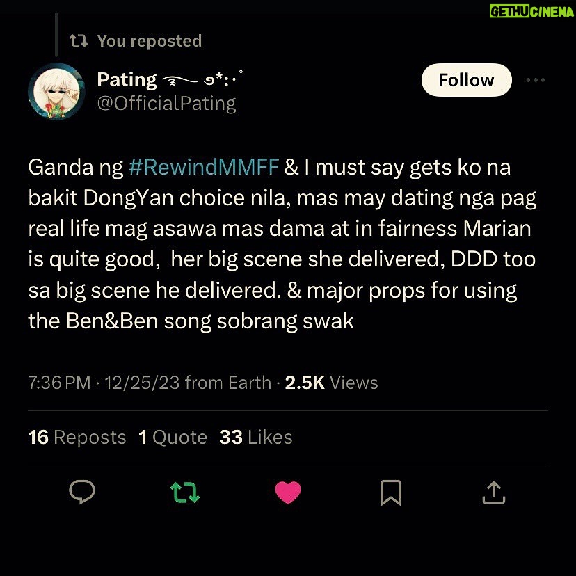 Marian Rivera Instagram - DONGYAN SUPREMACY! ššš¼ Sulit ang pananabik sa kanilang pagbabalik! Maraming salamat sa mas mainit na pagtangkilik ng #RewindMMFF ngayong DAY 2! Lods namin kayo! Sugod na sa mga sinehan habang may chance ka pang mag-REWIND with your greatest love ngayong holiday season! āŖš #RewindNowShowing in cinemas nationwide! #MMFF2023