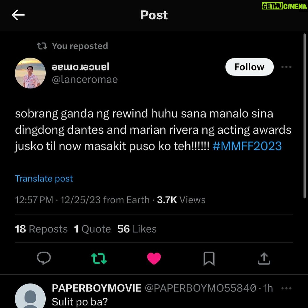Marian Rivera Instagram - Marami na ang nakaranas ng #TheRewindEffect! π₯πβͺ Sugod na sa pinakamalapit na sinehan sa inyo at yayain ang greatest love na mag-REWIND ngayong Pasko sa #MMFF2023! #RewindMMFF NOW SHOWING IN CINEMAS NATIONWIDE! ππ #RewindNowShowing