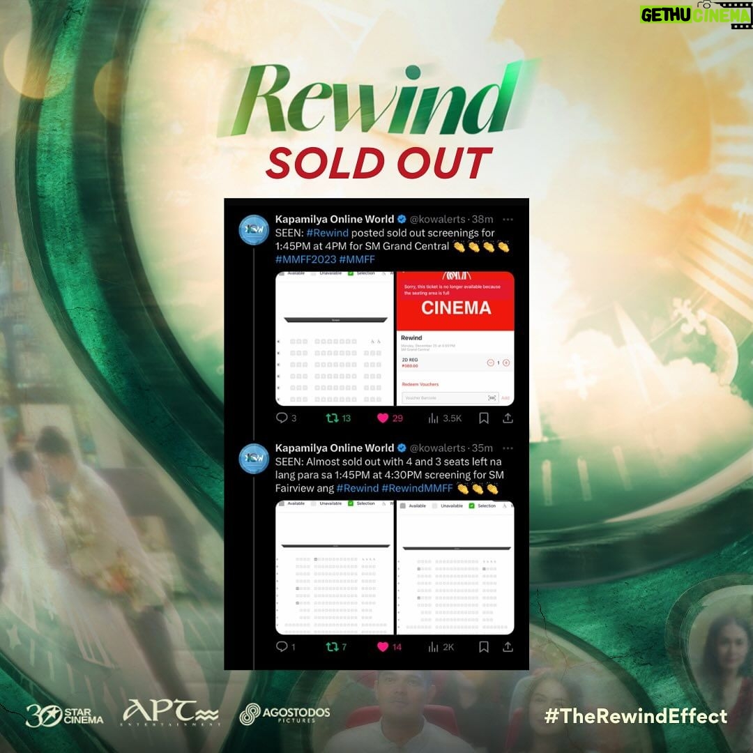 Marian Rivera Instagram - NAKAPAG-REWIND KA NA BA? ⌛️⏪ #RewindMMFF TRENDING AT PARAMI NANG PARAMI ANG SOLD OUT CINEMAS SA FIRST DAY! 🔥💚 Marami na ang nakaranas ng #TheRewindEffect! 🤧 Yayain na ang greatest love sa sinehan malapit sa inyo! Unahing mag-REWIND kasama sila ngayong Pasko sa #MMFF2023! 🎄🎁 #RewindNowShowing in cinemas nationwide