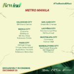 Marian Rivera Instagram - CHOOSE YOUR FAVORITE CINEMA OR THE ONE NEAREST YOU FOR THE REWIND EXPERIENCE! ⏪ YAYAIN NA ANG GREATEST LOVE MO! 💚 Caution: Bring bimpo, wag na mag make up, ihanda ang puso, sulit ito! 🤧 #RewindMMFF na bukas in cinemas NATIONWIDE! #MMFF2023