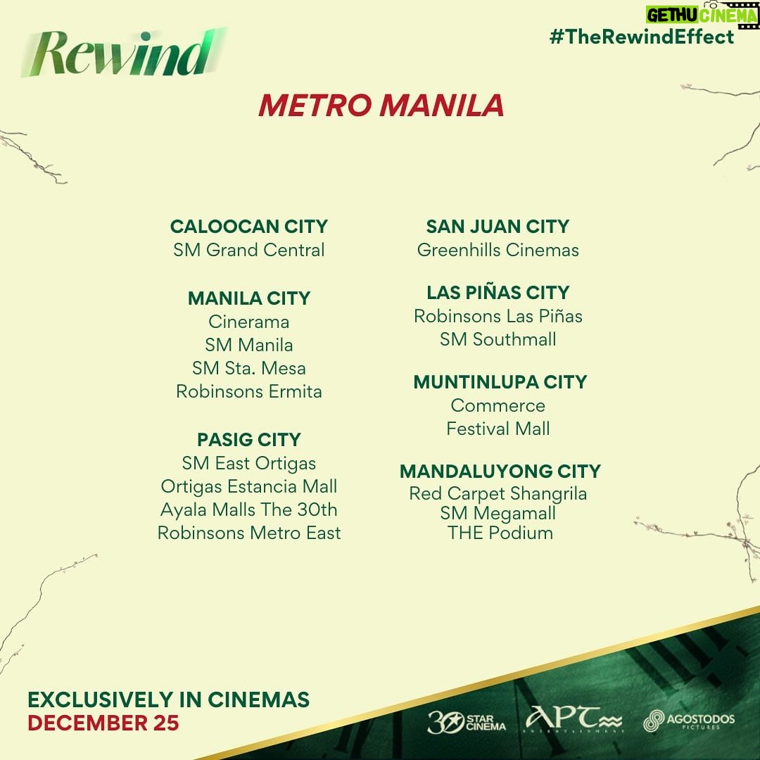 Marian Rivera Instagram - CHOOSE YOUR FAVORITE CINEMA OR THE ONE NEAREST YOU FOR THE REWIND EXPERIENCE! βͺ YAYAIN NA ANG GREATEST LOVE MO! π Caution: Bring bimpo, wag na mag make up, ihanda ang puso, sulit ito! π€§ #RewindMMFF na bukas in cinemas NATIONWIDE! #MMFF2023