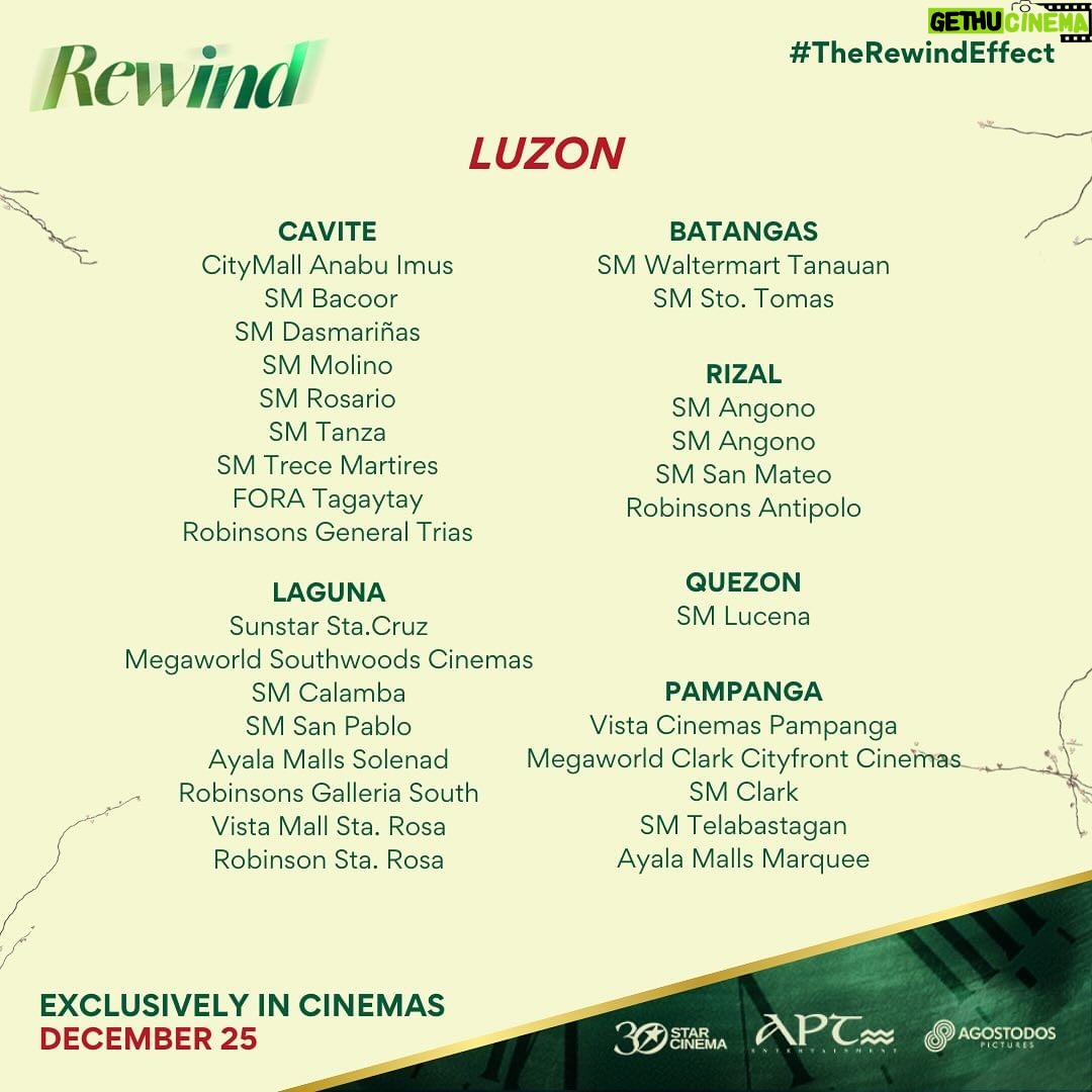 Marian Rivera Instagram - CHOOSE YOUR FAVORITE CINEMA OR THE ONE NEAREST YOU FOR THE REWIND EXPERIENCE! βͺ YAYAIN NA ANG GREATEST LOVE MO! π Caution: Bring bimpo, wag na mag make up, ihanda ang puso, sulit ito! π€§ #RewindMMFF na bukas in cinemas NATIONWIDE! #MMFF2023
