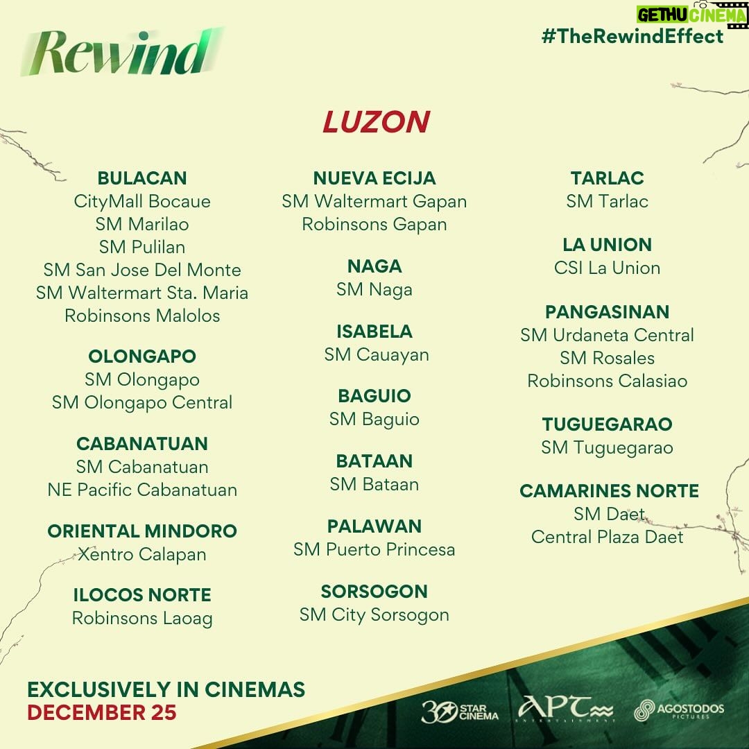 Marian Rivera Instagram - CHOOSE YOUR FAVORITE CINEMA OR THE ONE NEAREST YOU FOR THE REWIND EXPERIENCE! βͺ YAYAIN NA ANG GREATEST LOVE MO! π Caution: Bring bimpo, wag na mag make up, ihanda ang puso, sulit ito! π€§ #RewindMMFF na bukas in cinemas NATIONWIDE! #MMFF2023