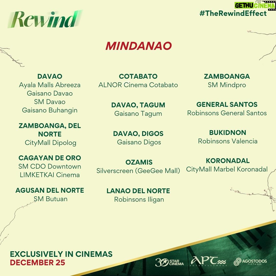 Marian Rivera Instagram - CHOOSE YOUR FAVORITE CINEMA OR THE ONE NEAREST YOU FOR THE REWIND EXPERIENCE! βͺ YAYAIN NA ANG GREATEST LOVE MO! π Caution: Bring bimpo, wag na mag make up, ihanda ang puso, sulit ito! π€§ #RewindMMFF na bukas in cinemas NATIONWIDE! #MMFF2023