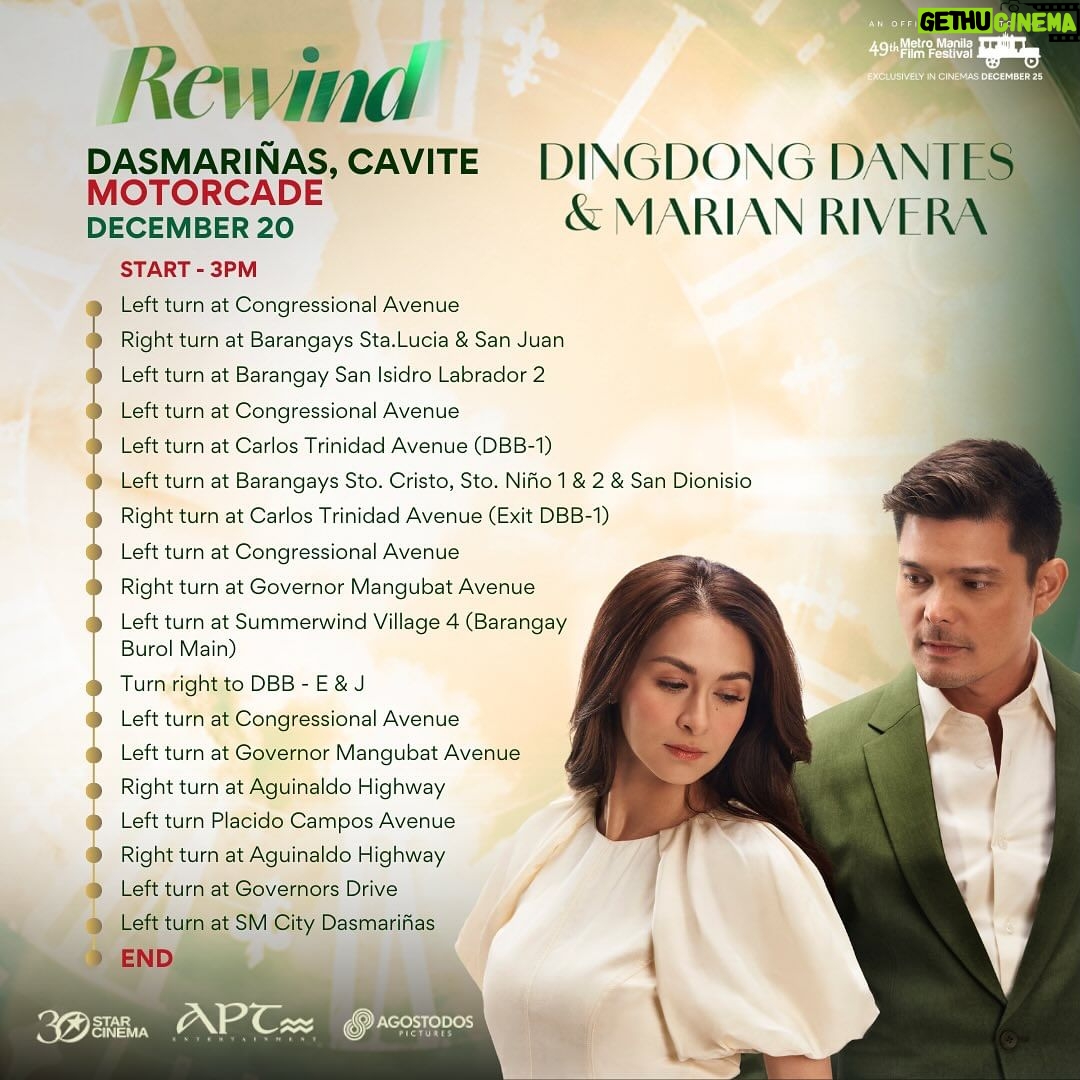 Marian Rivera Instagram - DONGYAN IN ETIVAC MAMAYA! ⏪💚 Madadama na ang greatest love kasama sina Dingdong Dantes at Marian Rivera sa #RewindInDasmariñas Motorcade MAMAYANG 3PM! 📍Kitakits sa mga lugar na daraanan ng motorcade! Huwag palampasin ang pinaka-inaabangang comeback movie ng taon—#RewindMMFF ngayong Pasko na sa #MMFF2023!
