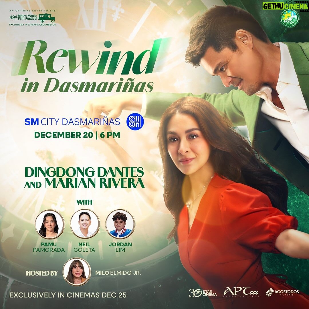 Marian Rivera Instagram - ORAS NA PARA MAG-REWIND ANG DASMARIÑAS CAVITE! ⏪💚 Abangan ang saya, kilig, at pamaskong hatid nina Dingdong Dantes, Marian Rivera, Pamu Pamorada, Neil Coleta, at Jordan Lim bukas sa Dasmariñas Cavite! 🎄🎁 ⌛️ Motorcade - 3 PM ⌛️ SM City Dasmariñas Mall Show - 6 PM Don’t miss the most anticipated comeback and collaboration of the year! #RewindMMFF exclusively in cinemas December 25. #MMFF2023
