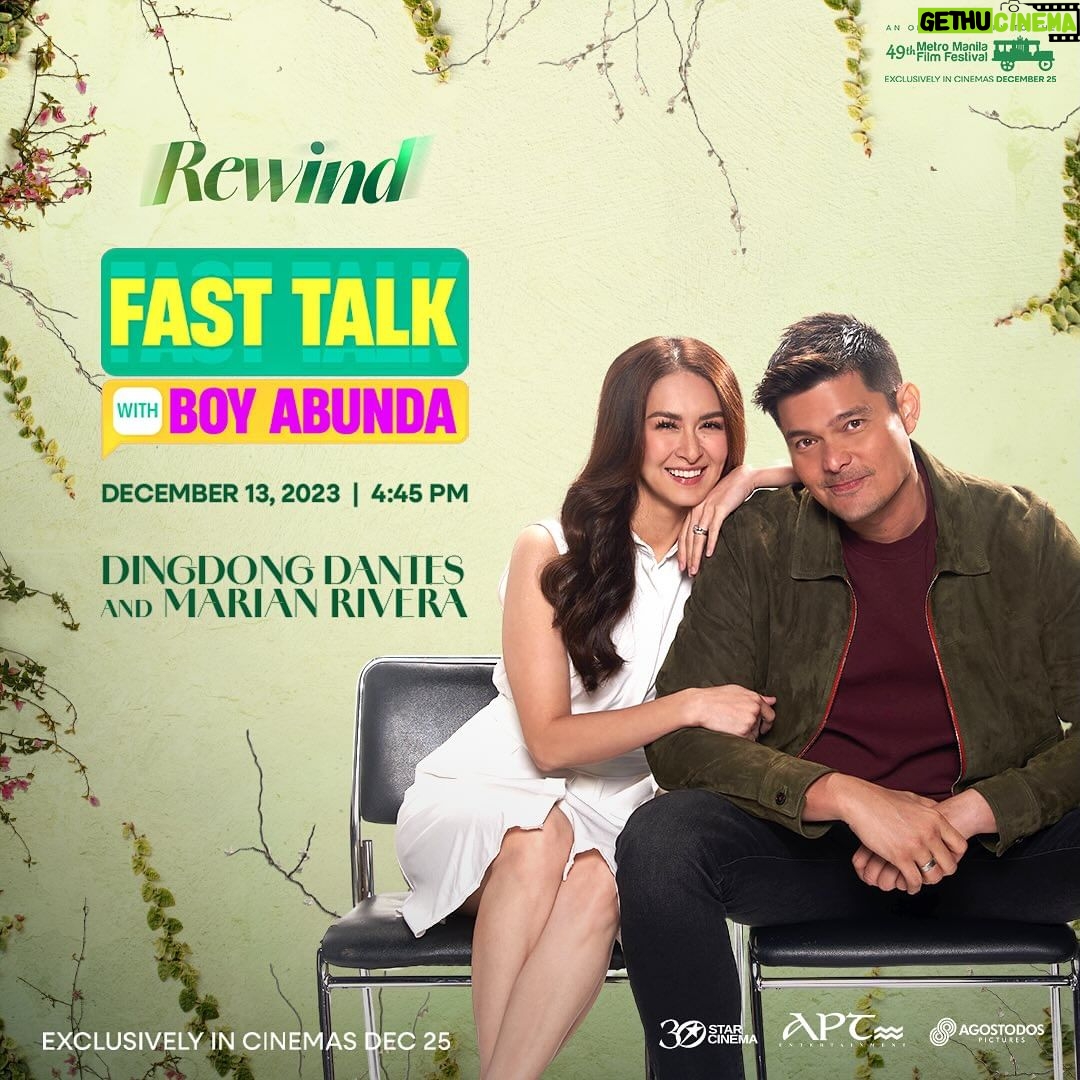 Marian Rivera Instagram - Philippine Showbiz Royal Couple makakaharap ang King of Talk! 💚👑 Abangan ang exclusive interview with Dingdong Dantes and Marian Rivera sa #FastTalkWithBoyAbunda mamayang 4:45 PM. #RewindMMFF exclusively in cinemas December 25. #MMFF2023 #FTBADongYan