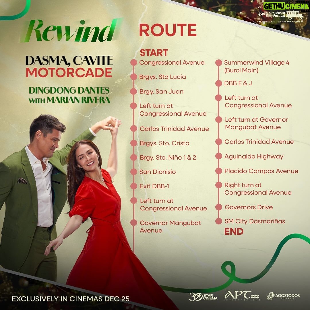 Marian Rivera Instagram - ORAS NA PARA MAG-REWIND ANG DASMARIÑAS CAVITE! ⏪💚 Abangan ang saya, kilig, at pamaskong hatid nina Dingdong Dantes, Marian Rivera, Pamu Pamorada, Neil Coleta, at Jordan Lim bukas sa Dasmariñas Cavite! 🎄🎁 ⌛️ Motorcade - 3 PM ⌛️ SM City Dasmariñas Mall Show - 6 PM Don’t miss the most anticipated comeback and collaboration of the year! #RewindMMFF exclusively in cinemas December 25. #MMFF2023