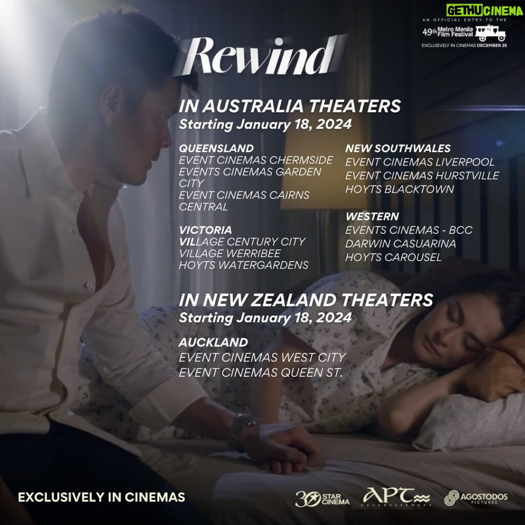 Marian Rivera Instagram - #TheRewindEffect will be felt soon in AUSTRALIA & NEW ZEALAND! 🇦🇺🇳🇿 #RewindMMFF will be showing exclusively in selected cinemas in Australia & New Zealand starting this January 18, 2024! Be sure to invite your greatest love to the theaters for the #RewindExperience that you don’t want to miss! 💚⌛️