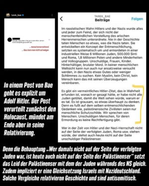 Marie-Agnes Strack-Zimmermann Instagram - Teilt bitte diese lieben Grüße an Tarek Bae 😉

[Er hat mittlerweile auf seiner Instagram Seite auf unsere Recherche reagiert und er ist köstlich peinlich am rumopfern 🥹 

Wir nehmen seinen jämerlichen Verteidigungsversuch noch auseinander, danke schonmal dass du noch mehr Menschen auf unsere Recherche aufmerksam gemacht hast 😇]

Die Glaubwürdigkeit dieser Recherche wird unter anderem garantiert von:

@strackzimmermann
@jamila_anna
@hauptstadtwolf
@ronyaothmann
@ahmad.omeirate

Die hier enthaltenen Informationen und Hinweise dürfen von Journalist:innen, Influencer:innen und auch allen anderen Personen frei benutzt werden.

Alle Slides herunterladbar unter:
https://we.tl/t-jthqpGEaaQ

In der gesamten Recherche geht es um den Verantwortungsvollen Umgang mit Reichweite auf Instagram, sowie dem Kampf gegen Social Media Fake News Propaganda. Es geht explizit NICHT darum, die schlimmen Leiden der Palästinensischen Bevölkerung zu schmälern oder zu verharmlosen.

Auch ist das hier kein Angriff auf Tarek Bae. Im Gegenteil. Wir hoffen, er wird sich bessern. Kritik an der israelischen Regierung ist immer erlaubt. Vorsätzliches Täuschen von Tausenden Follower:innen und das Säen von Hass ist in diesen Zeiten höchst problematisch. 

Danke für Eure Aufmerksamkeit und fürs Teilen der Recherche! ❤️

Die Autor:innen der Recherche wollen anonym bleiben: Danke an "Andreas Holmes" und "Anna Watson" für die Recherche ✌️

#FreePalästinFromHAMAS
#NieWiederIstJETZT

P.S.: Journalist:innen und Influencer:innen die in Zukunft gerne an solchen Recherchen mitwirken oder ihre Reichweite stiften möchten können sich gerne bei diesem Account hier melden 🤝