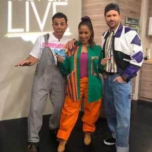 Mark DeCarlo Instagram - Big fun today with my pals @valwarnertv and @ryanchiaverini  It was 90’s day!  Luckily I still had these overalls in my closet