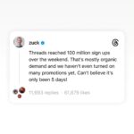 Mark Zuckerberg Instagram - Threads reached 100 million sign ups this weekend -- within five days of launching. Thanks to all of you who are making this fun and friendly!