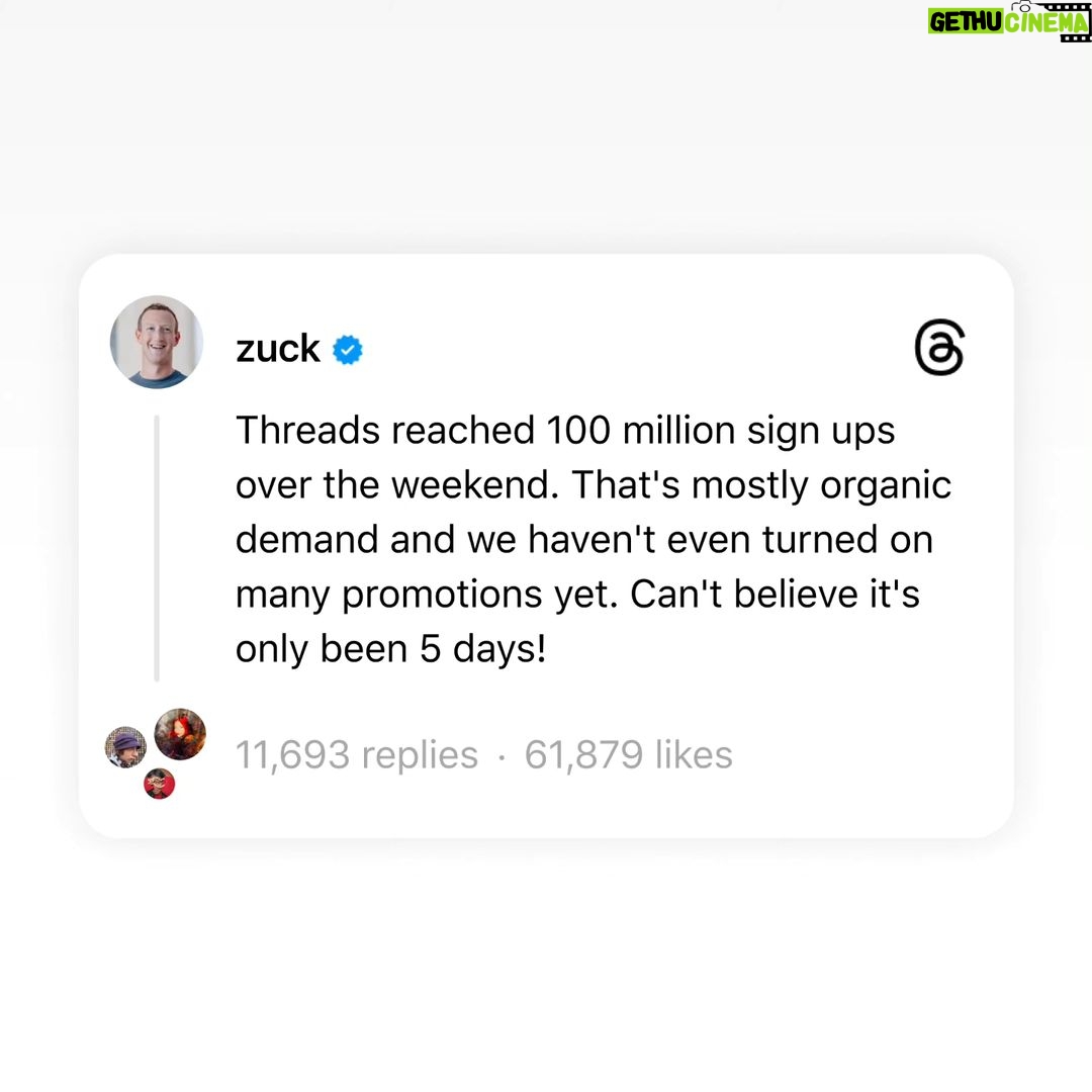 Mark Zuckerberg Instagram - Threads reached 100 million sign ups this weekend -- within five days of launching. Thanks to all of you who are making this fun and friendly!