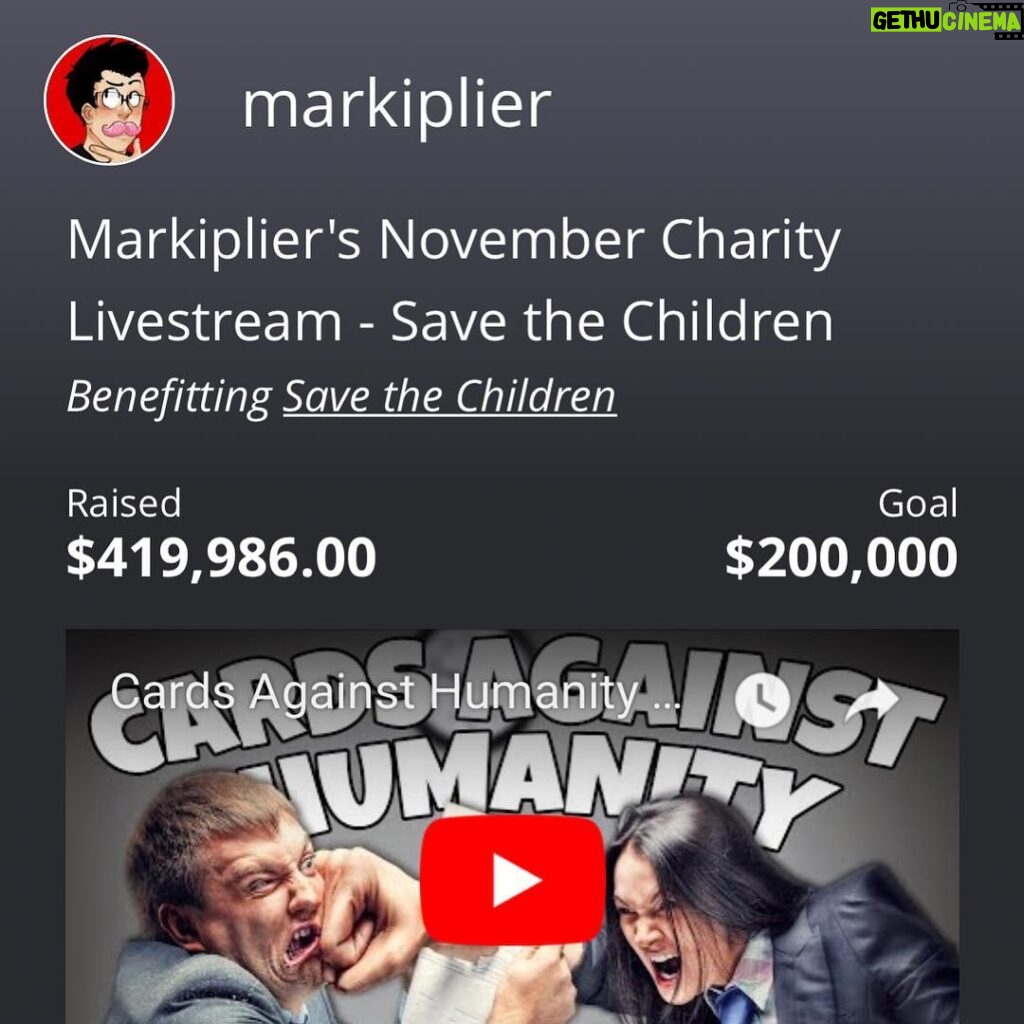 Markiplier Instagram - Over $400,000 raised for charity in under 12 hours... you all should be INCREDIBLY PROUD of what you’ve done here today! Thank you all SO MUCH!!