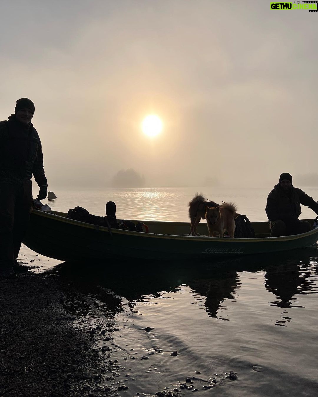 Marko Lehtosalo Instagram - Dag 2 Vi vaknade rätt tidigt i stugan och tog båten längre upp på älven mot ett stort berg/fjäll. Dimman låg tät, solen gick upp och månen lös. Storslagen vy. Låga fick några ståndskall men fågeln ville inte sitta kvar några längre stunder. Vi satte oss ner och värmde upp Daniels magnifika tjädergryta han gjorde till middag dagen innan med min tjäderhöna i. Över öppen eld i en stekpanna. Bland det godaste jag ätit. Dags för Veli att äntra scenen. Vi går och går. Kroppen är sliten men gnäller ingenting eftersom det inte är till nån nytta. Plötsligt börja skogen eka av Velis skall. Han har nästan tagit sig upp till gränsen där kalfjället börjar. Så vi sliter oss upp för fjället. Med blodsmak i munnen och sinnes till mjölksyra i benen når vi till slut fram. Ålar och spanar rätt lång tid tills den uppdagas. En tjäderhöna till. Allt gick bra och hönan las i säcken. 2 tjäderhönor och en öring blev på denna resa. Stort tack Daniel & Emil. Hatten av för finnspetsarna Veli & Låga. Grymt jobbat ❤️ Vågade inte stänga dörren till dasset ifall att björnen skulle flyga på mig. Livrädd 😅 🐻 @daniel_myrestam @langtbortfranstan