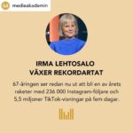 Marko Lehtosalo Instagram - Posted @withregram • @medieakademin Irma Lehtosalo – som blivit Mamma Irma med svenska folket i och med hennes och sonens nya tv-serie Marko & Irma – har vuxit rekordartat på sociala medier. I onsdags publicerades första TikTok-inlägget som nu har nått 1,9 miljoner visningar, 252 000 gilla-markeringar och 6 500 kommentarer. Efterföljande inlägg har alla nått över miljonen visningar. Vi ser en rejäl tillväxt även på Instagram. Dit har 236 000 följare hittat. Irma ser redan nu ut att bli en av årets raketer i Maktbarometern. Vilken plats hon landar på återstår att se. #medieakademin #tiktok #instagram #socialamedier #markoochirma @irmalehtosalo