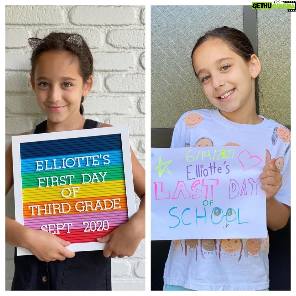 Marla Sokoloff Instagram - Sign of the times. 🌈 First day of school vs. last day of school. So proud of these two and their ability to be flexible and still shine; their willingness to go with the flow when the unknown was scary; and their uncanny skill of being able to laugh and have fun despite the craziness in their lives. Finally, I’m proud of myself for losing this rainbow letter board in nine short months! . . . #lastdayofschool #schoolsout #summertime #goodbyekindergarten #goodbyethirdgrade