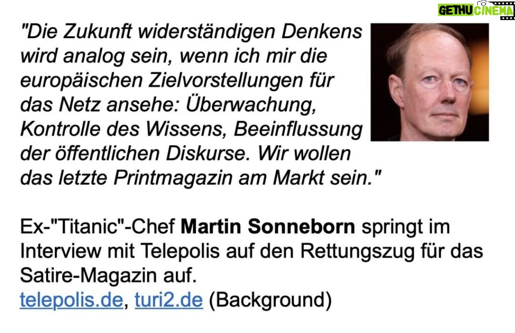 Martin Sonneborn Instagram - Quelle: Turi Newsletter Hintergrund: Sonneborn ist Mitherausgeber und wurde quasi vor den Rettungszug geschubst... Smiley