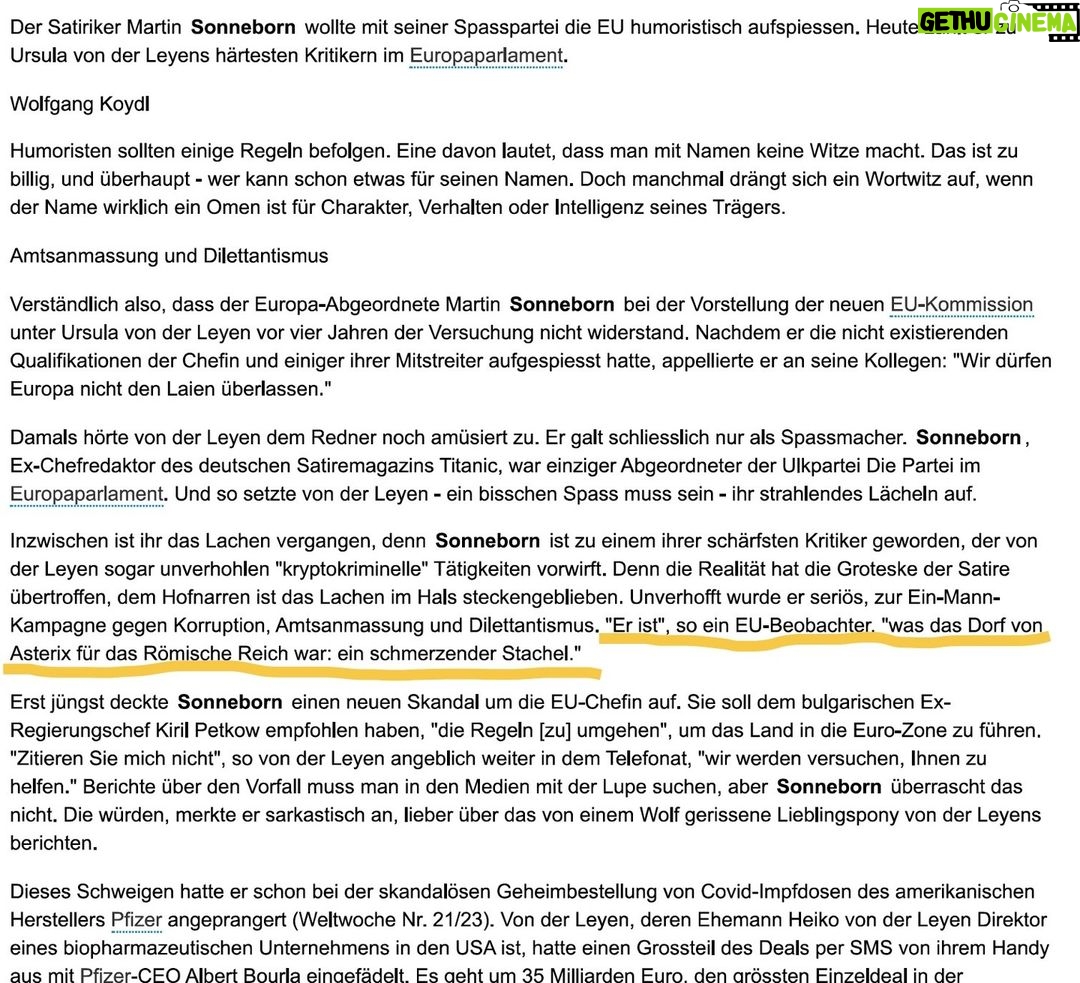 Martin Sonneborn - 3K Likes - Geschafft! Vom Politclown zum kleinen gallischen Dorf aufgestiegen... Smiley!
Aber: Das Wortspiel, liebe Weltwoche, lautet natürlich: "Europa nicht den Leyen überlassen!"
(So hab' ich's auch gesagt, aber das können die Schweizer natürlich nicht heraushören...)