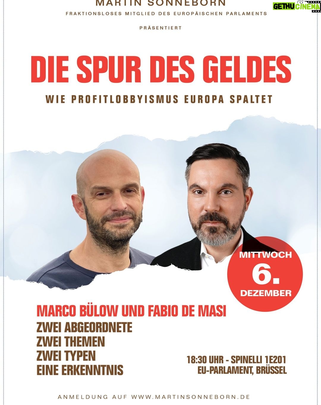 Martin Sonneborn Instagram - Höfliche Einladung zu Champagner & Geld & drei abgehalfterten Weihnachtsmännern ins EU-Parlament... Anschließend Champagner-Empfang in den schmucklosen Kellerräumen des EU-Parlaments in Brüssel +++ Anmeldung erforderlich unter https://martinsonneborn.de/die-spuer-des-geldes-marco-buelow-und-fabio-de-masi-in-bruessel/