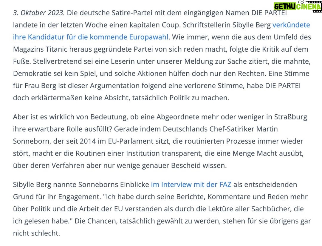 Martin Sonneborn Instagram - Eine kleine (bzw. kluge & durchaus längere) Nachtkritik zur Nominierung der Schriftstellerin Sibylle Berg für die EU-Wahl im Juni 2024: https://nachtkritik.de/kolumnen-michael-wolf/kolumne-als-ob-wie-das-theater-die-realpolitik-fuer-sich-entdeckt