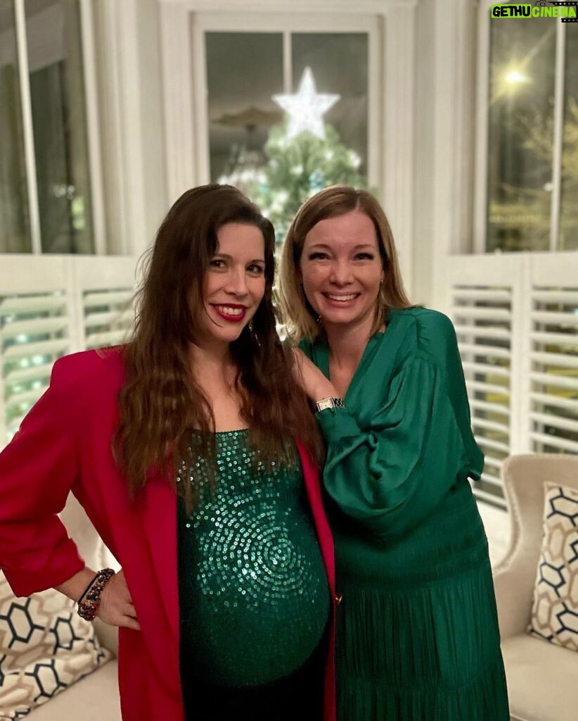 Mary Katharine Ham Instagram - When it’s probably the last Christmas party you’re making it to this year, you take your two big kids and your green disco ball baby out too late and eat too many cookies @ksoltisanderson’s house! I assume this the only time in my life when a maternity unitard, a green sequin tank top, an oversized 80s blazer with shoulder pads and these “Hot Tub Time Machine” ski lodge boots will be exactly the correct vibe, and I’m thankful I found my moment. Now, I’m wearing sweatpants for the rest of the year. ❤🎄💚 Someone asked, so blazer = Goodwill, unitard = @nuuly, boots = thrift store, green top = BCBG outlet in the Year of our Lord 2003.