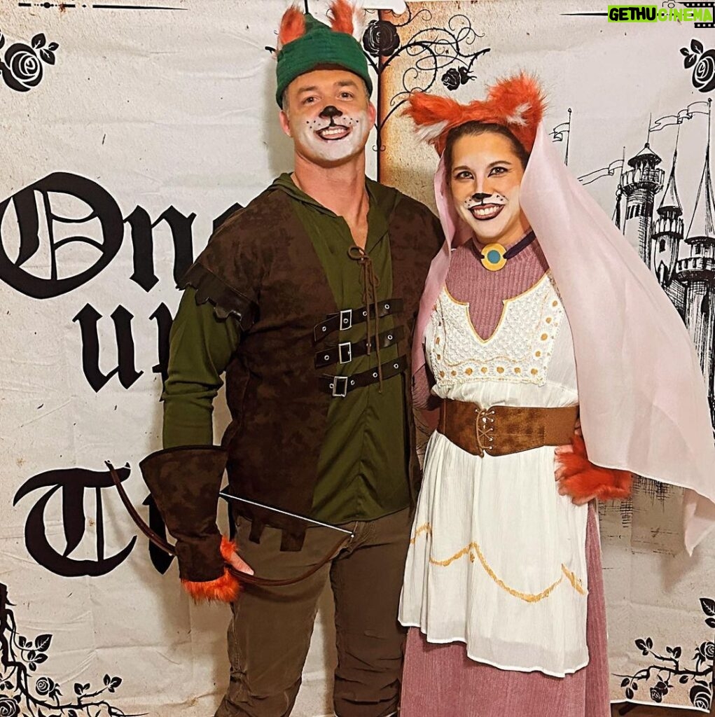 Mary Katharine Ham Instagram - Costume szn is here. Steve and I had a legit argument about how best to affix the fox ears from a slutty fox costume to a Robin Hood hat and how to make an arrow out of a chop stick and some old peacock feathers and tin foil. But as you can see from Pic 2, the hat and arrow construction are solid. We arrived too late to be voted on for the costume contest and I’m kicking myself. That’ll teach me to be late to the party! I know this era of Disney isn’t supposed to be good, according to the critics and stuff, but I’ve always loved this movie. Maybe it’s the country crooner rooster.