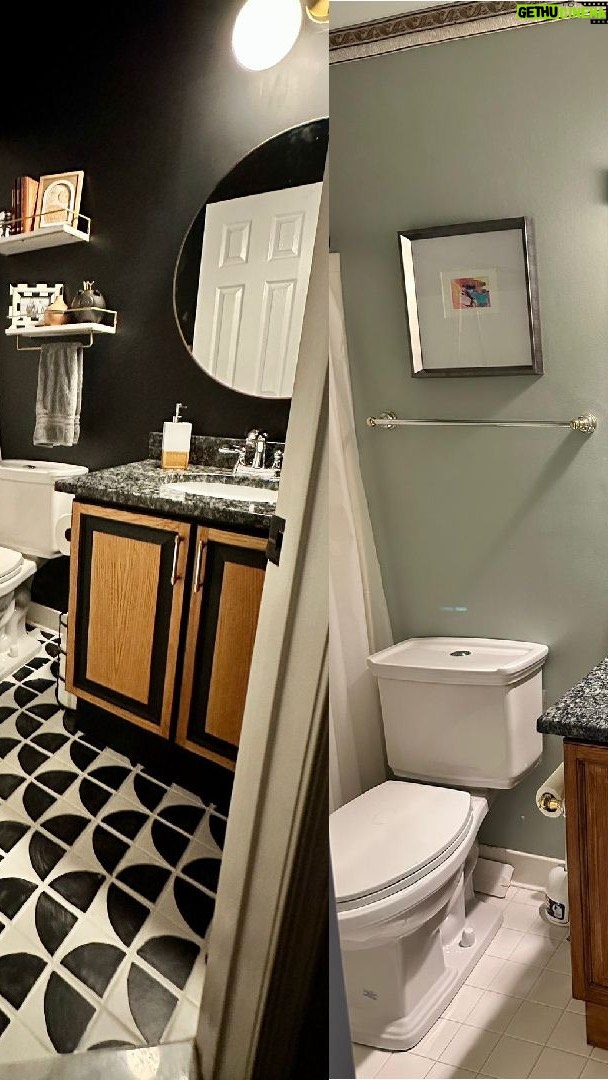 Mary Katharine Ham Instagram - Operation give my weird guest bathroom with UPHOLSTERED FABRIC MOLDING a very dramatic makeover while my husband was out of town because he does not mind my results, but does not enjoy my chaos. It’s a long name for an op. Five days, four kids, dye the grout, paint the tile, refinish the vanity, hang a new mirror, add knick-knacks, call in @lyndseyfifield to help me clean and hold the baby. Steve arrives in time to install my new light fixture. Ta-dahhhh! Did I mention I was tempted to paint everything in my house black? #diy #paintitblack #paintedtiles Oh, and I did keep that weirdly placed medicine cabinet bc Steve loves practical storage and it was too short a timeline to rip it out, do drywall repair, and paint over it. All the products are in my Substack write-up in my bio!