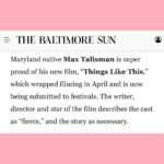 Max Talisman Instagram - Had the most spectacular time chatting with the @baltimoresun about @thingslikethismovie and what growing up as a Maryland boy was like! Swipe to check out the full thing and go @orioles!! ❤️‍🔥💫 Photo by @eyeattracti0n Styling by @styledbyambika Makeup and grooming by @robertti Baltimore, Maryland