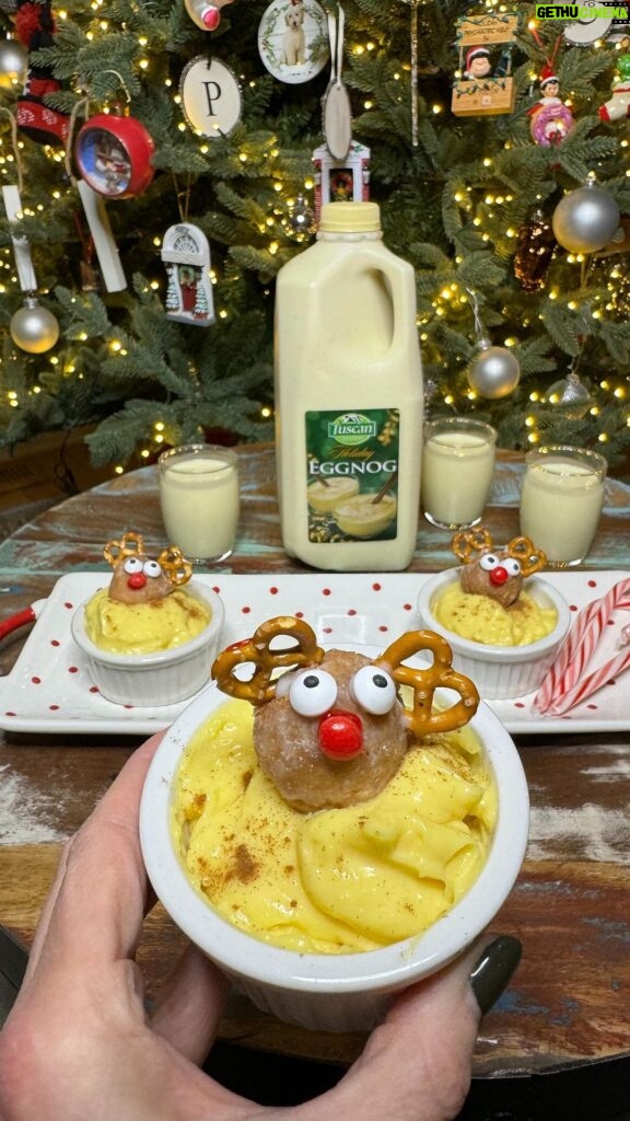 Meaghan B. Murphy Instagram - I am 100% Team Eggnog! I LOVE a seasonal beverage. And when I’m not dunking #glutenfree cookies in it, I’m making the easiest-ever #eggnog pudding for the fam using @tuscandairy. Tuscan is a farmer owned-brand, so using it is supporting family farmers right in the community (yay!). You’ll need: 2 cups Tuscan Dairy Eggnog 1 1 oz package of vanilla instant pudding mix Optional: Sprinkle of cinnamon for garnish Makes 4 servings How to: Beat pudding mix with 2 cups cold eggnog with whisk for 2 minutes. Pudding will be soft-set in 5 minutes. Now let’s make the reindeer donut holes. You’ll need: 4 donut holes 8 candy eyes 4 red candies 10 mini pretzels 1 tube icing Using icing as “glue,” attach candy eyes + red candy nose to each donut hole. Press two mini pretzel “antlers” into each donut hole. Pop each donut hole in a pudding dish. Sprinkle with cinnamon for fun. #eggnog #tuscandairy #ad #holidaytreat #milkmakesitmerrier #gonnaneedmilk Holiday Headquaters