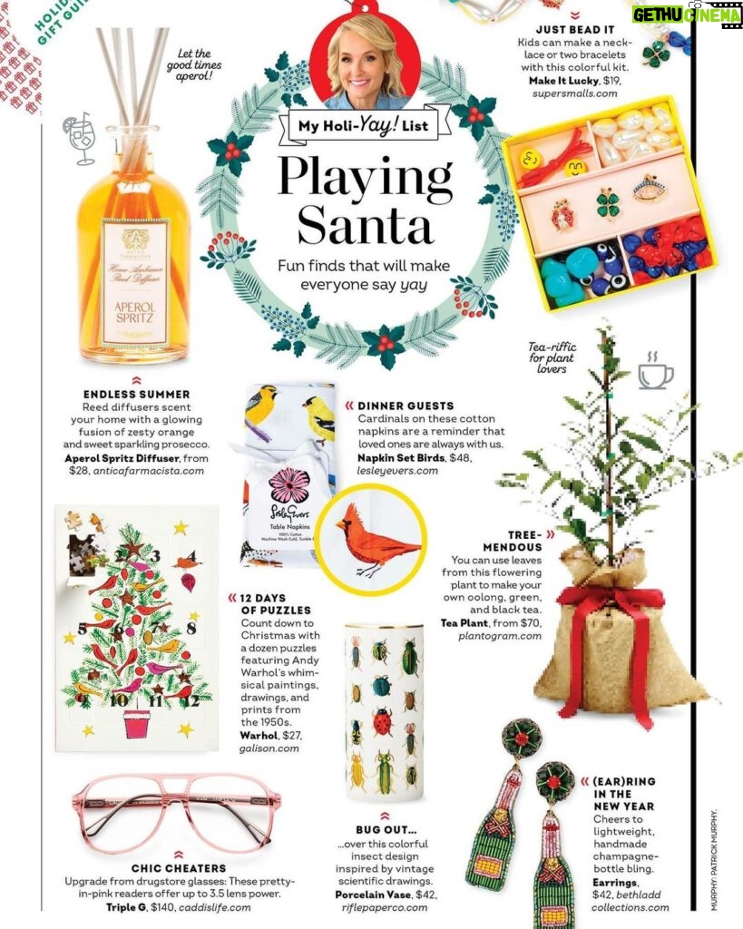 Meaghan B. Murphy Instagram - Shop my holi-YAY gift 🎁 guide before everything sells out! Tap each photo for shop info! ☀️Aperol Spritz Diffuser, $28 @anticafarmacista 🧩 12 Days of Andy Warhol Puzzles, $27 @galisonpuzzles 🤓Chic Cheaters, $140, @caddis_life 😇 Cardinal Napkins, $48 for set @lesleyevers 🪲Bug Out Vase, $42 @riflepaperco 🍵 Tea Plant, from $70 @plantograms 🍾Champagne Bling, $42 @bethladdcollections 📿Make It Lucky Bead Kit, $19, @super.smalls What’s on your wish list?! #gifts #giftideas #giftguide #presents #perfectpresents #holidayshopping Holiday Shopping