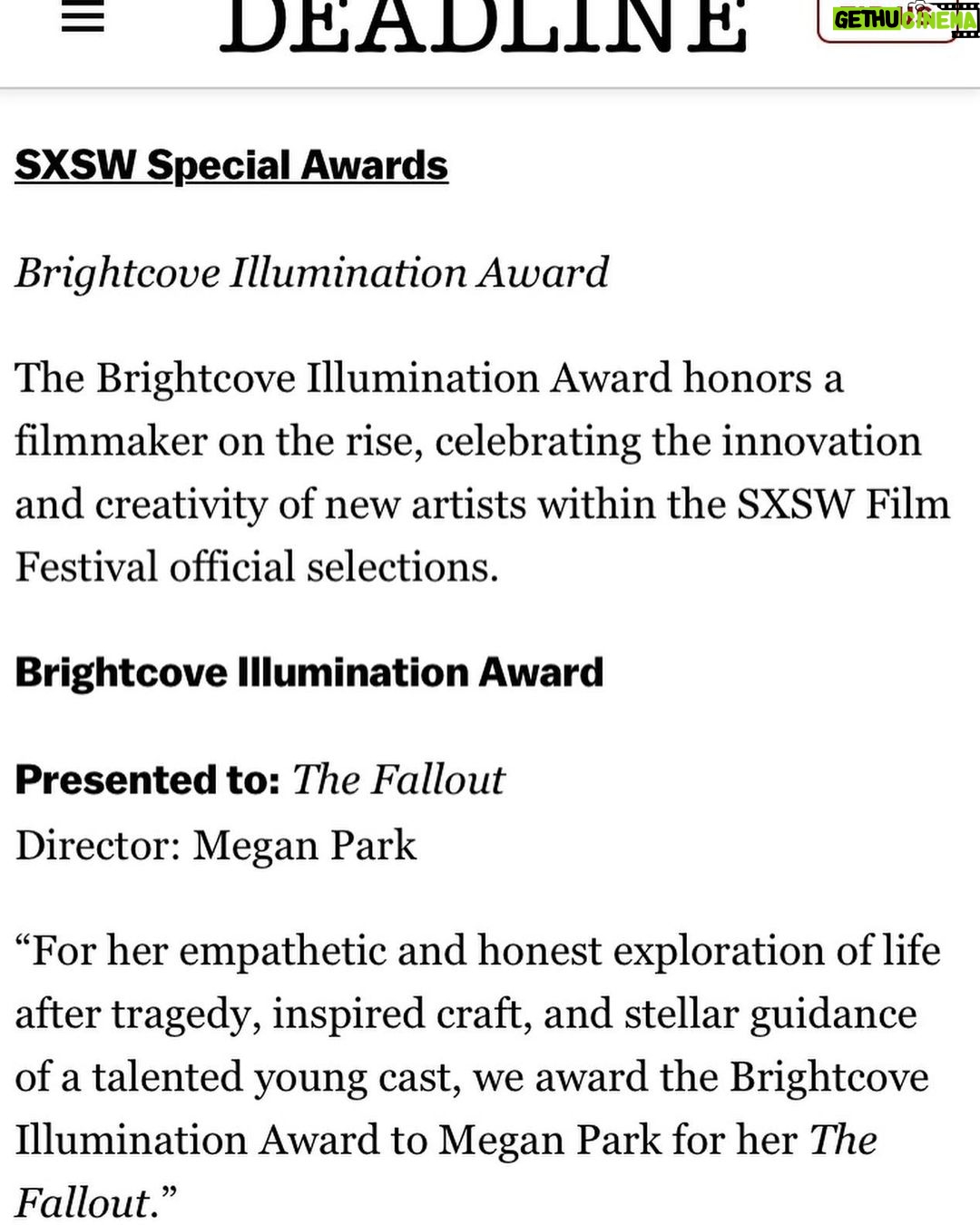 Megan Park Instagram - IS THIS REAL LIFE?! Fallout just won the grand jury prize for best film at @sxsw and I won the Brightcove Award for Director on the Rise. INSANE!!! Sharing these incredible honors with the entire cast, crew, team. Ty SXSW sm. I feel so honored, I couldn’t have done this alone. ❤️